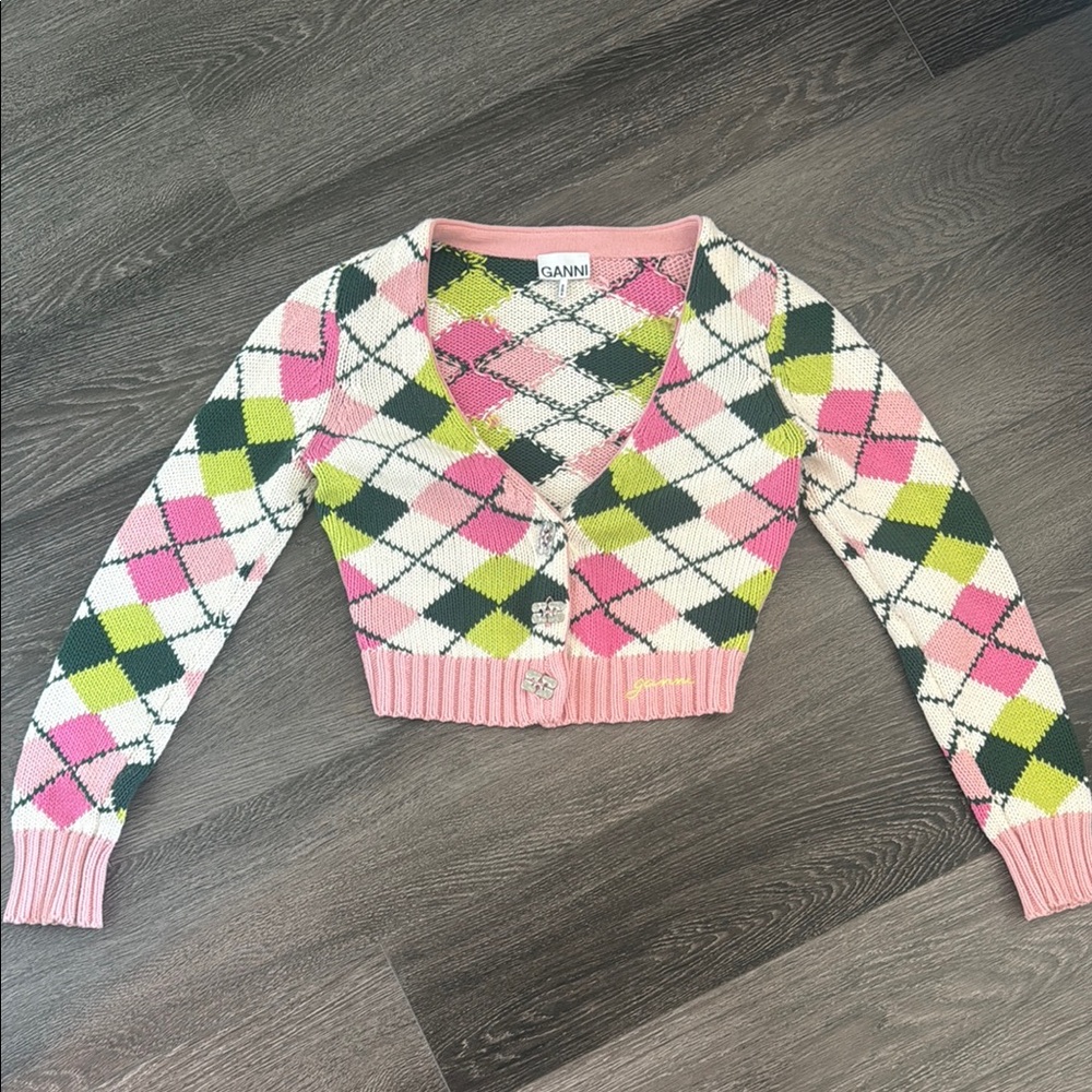 Ganni Pink and Green Argyle Cardigan